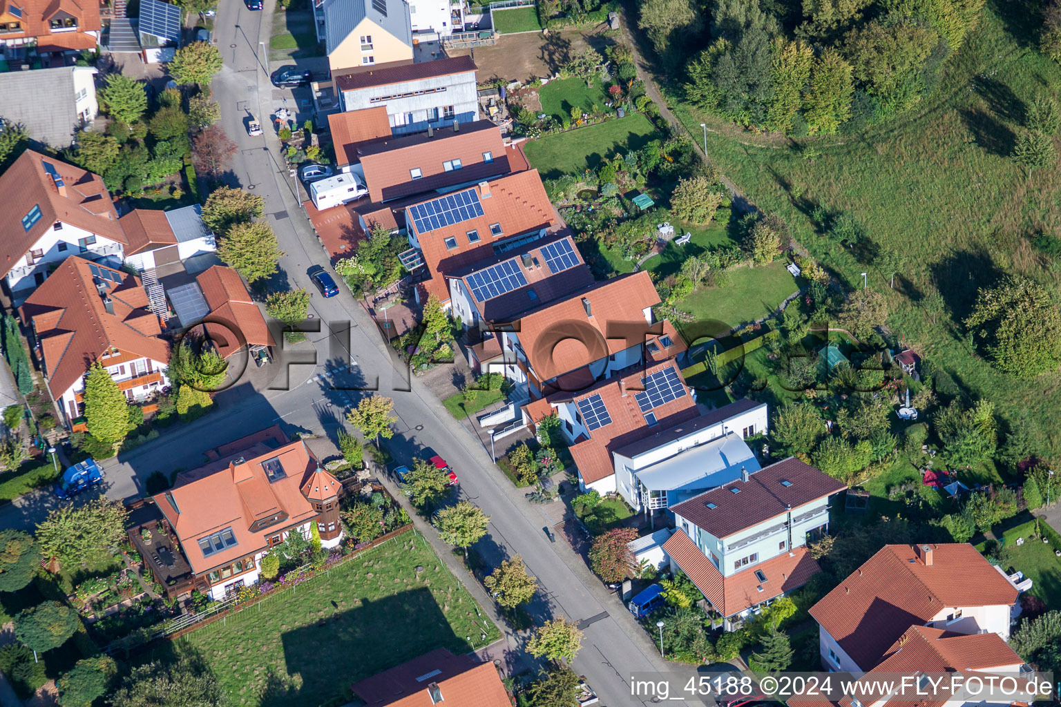 Mozartstr in the district Langensteinbach in Karlsbad in the state Baden-Wuerttemberg, Germany from the plane