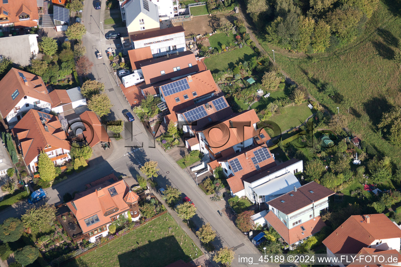 Drone recording of Mozartstr in the district Langensteinbach in Karlsbad in the state Baden-Wuerttemberg, Germany