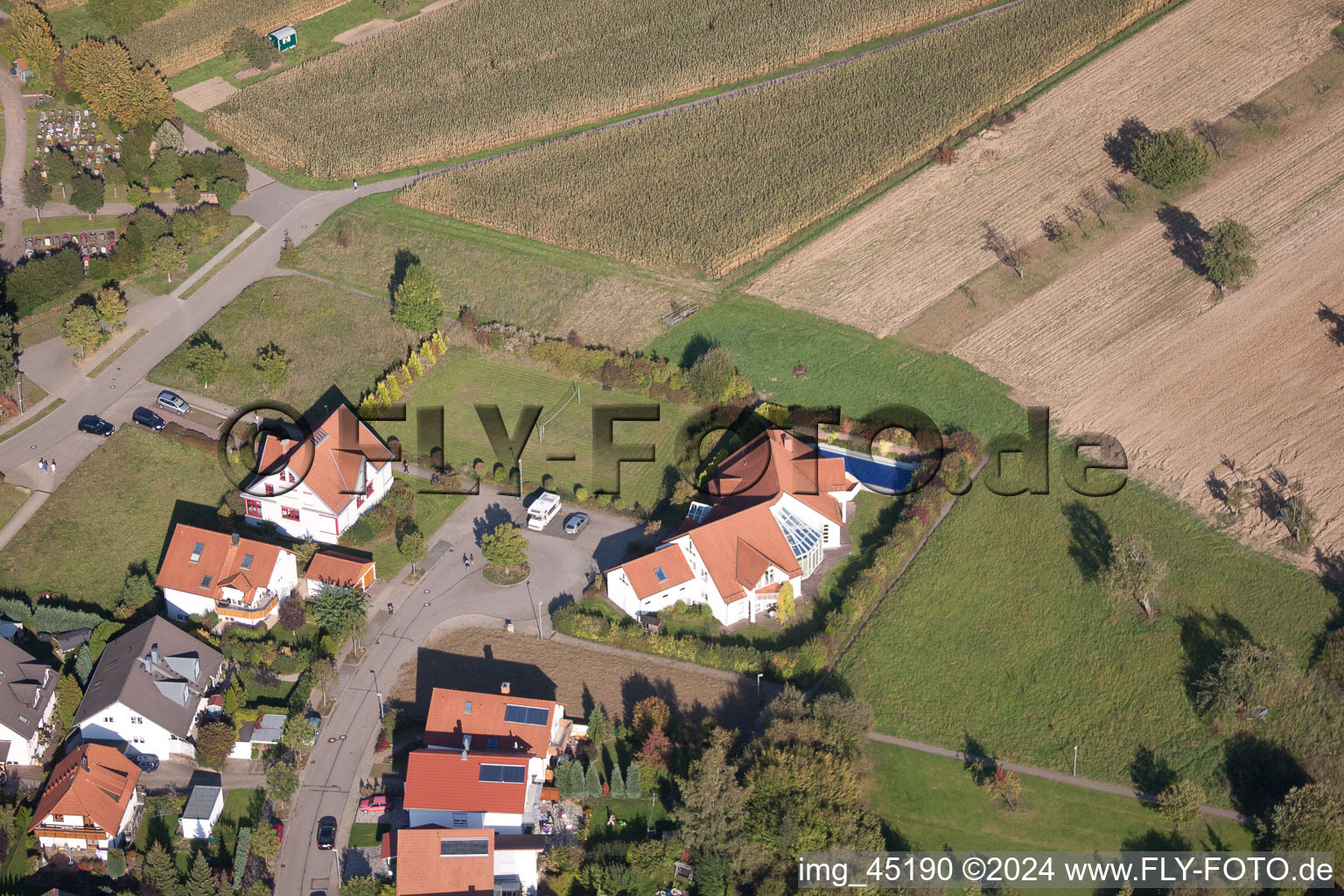 Aerial view of Lilac Street in the district Langensteinbach in Karlsbad in the state Baden-Wuerttemberg, Germany