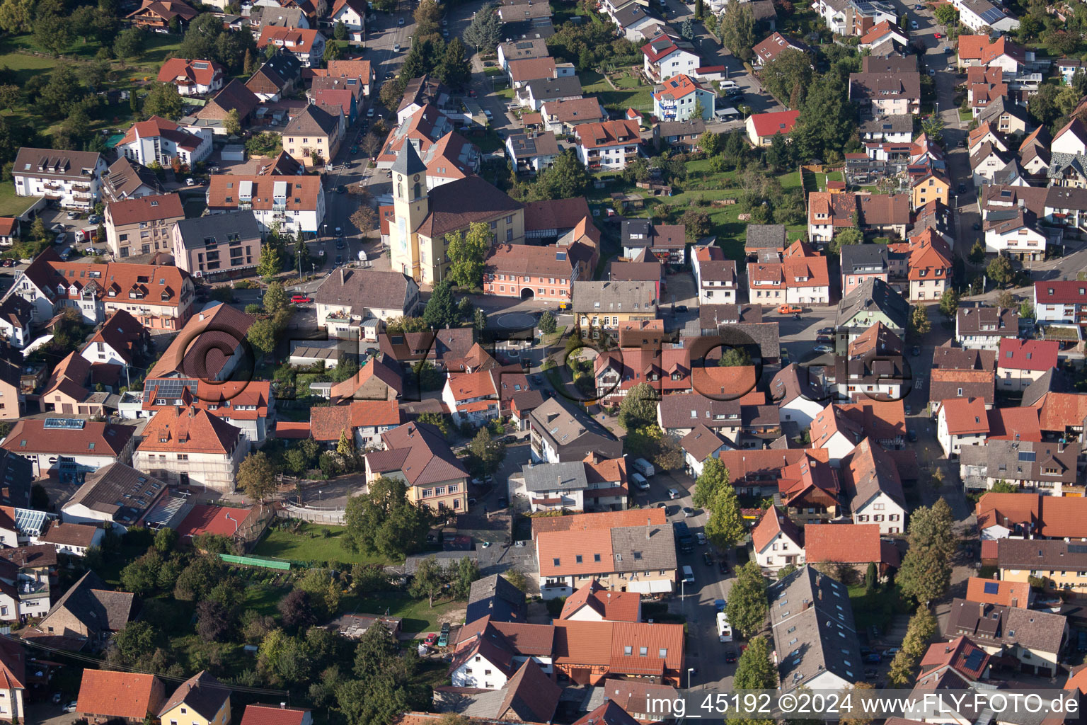 Aerial view of Main Street in the district Langensteinbach in Karlsbad in the state Baden-Wuerttemberg, Germany