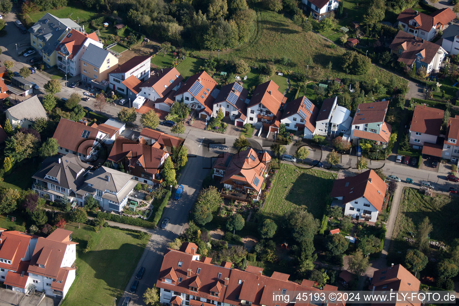 Drone image of Mozartstr in the district Langensteinbach in Karlsbad in the state Baden-Wuerttemberg, Germany