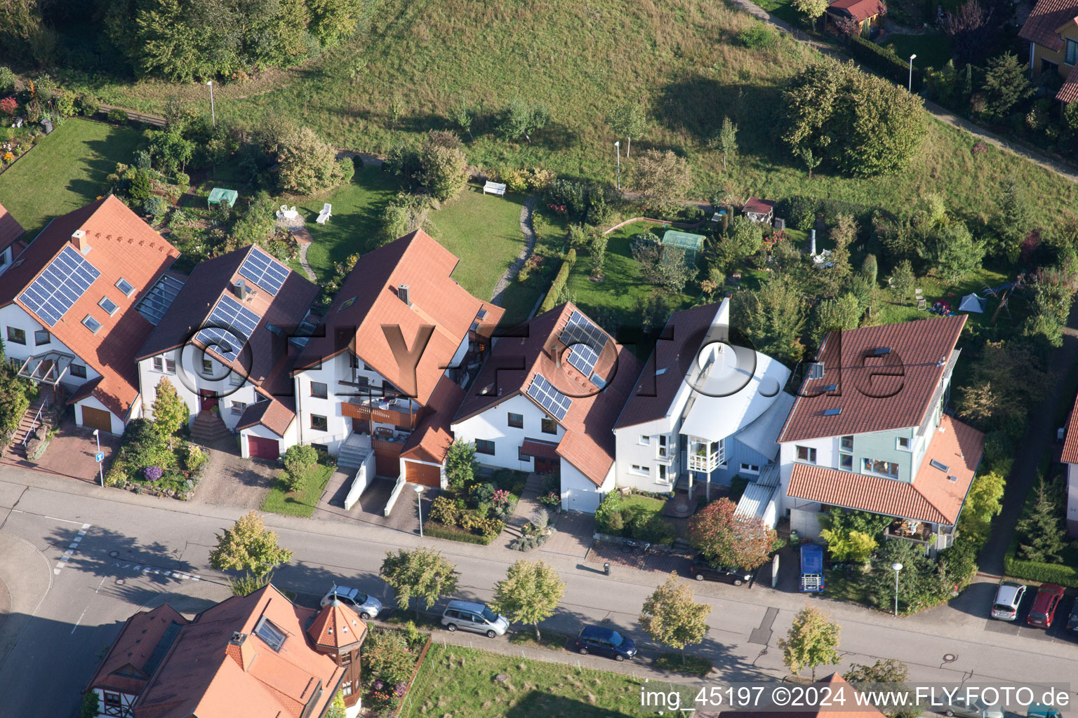 Mozartstr in the district Langensteinbach in Karlsbad in the state Baden-Wuerttemberg, Germany from the drone perspective