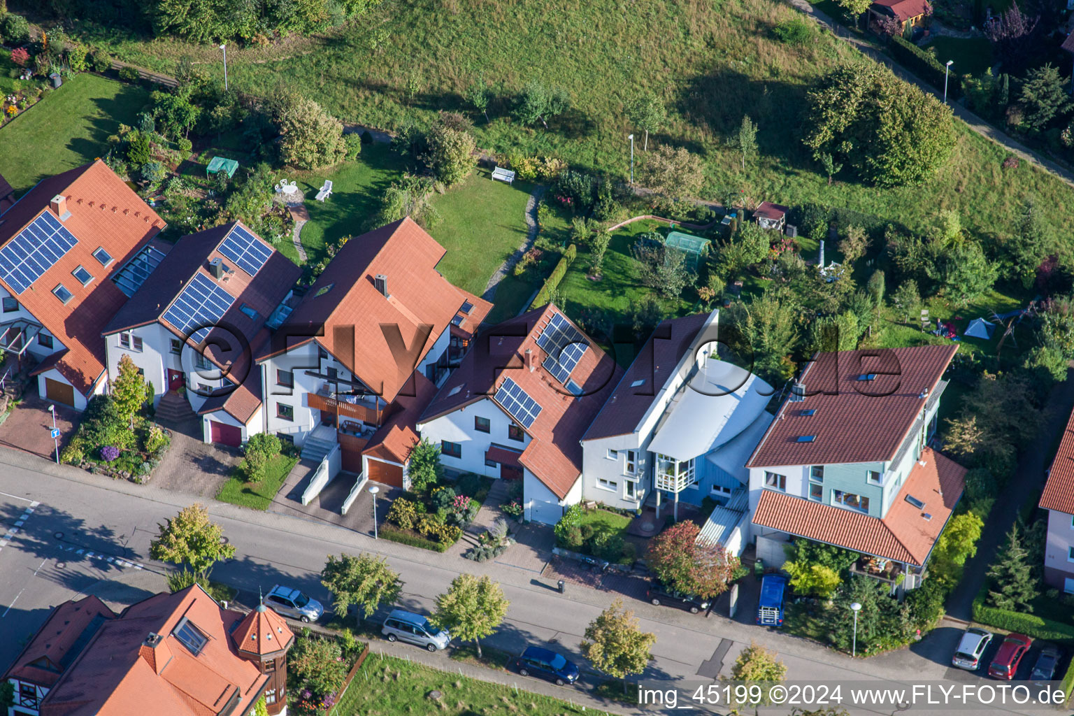 Bird's eye view of Mozartstr in the district Langensteinbach in Karlsbad in the state Baden-Wuerttemberg, Germany