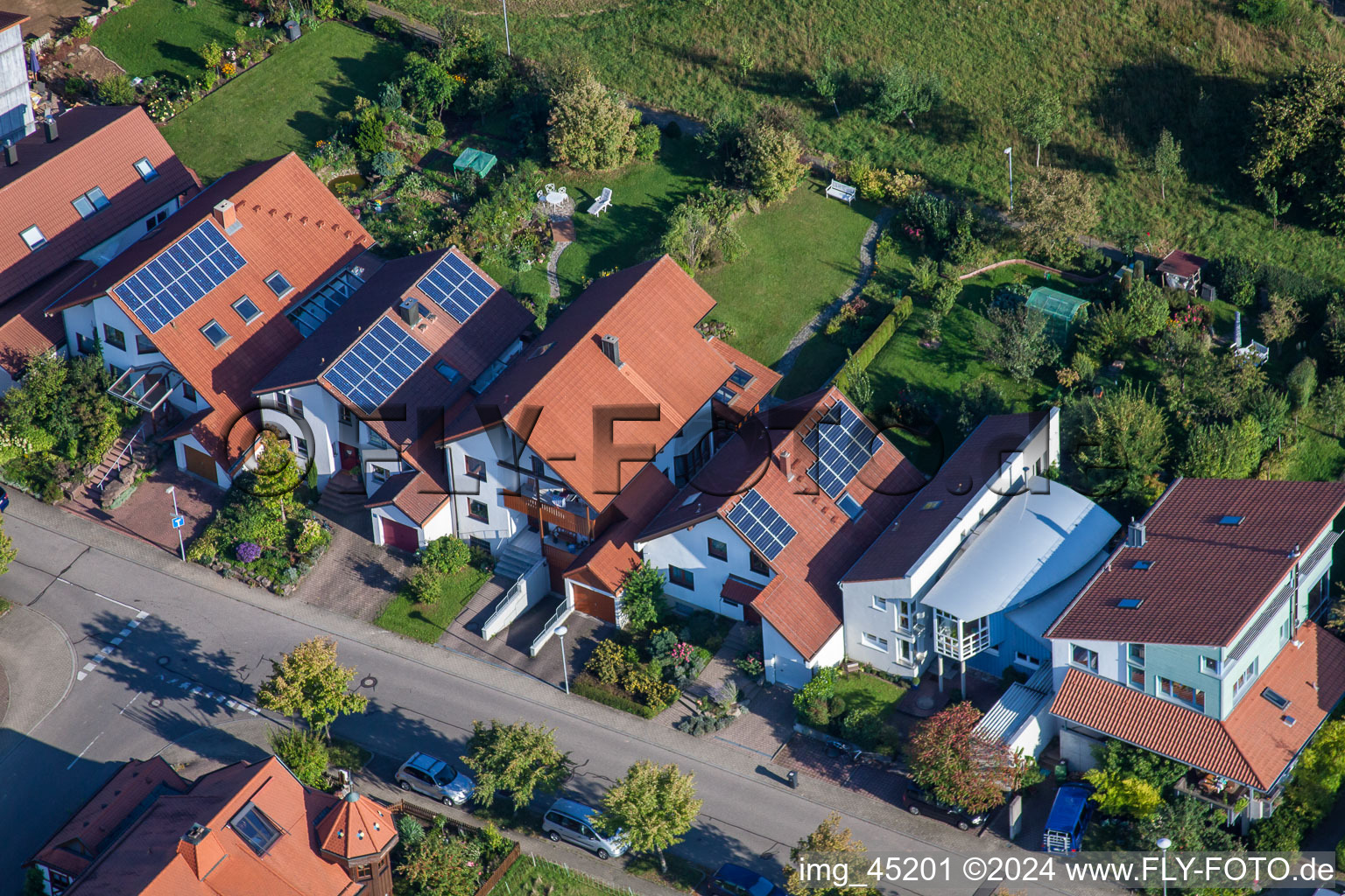 Mozartstr in the district Langensteinbach in Karlsbad in the state Baden-Wuerttemberg, Germany viewn from the air