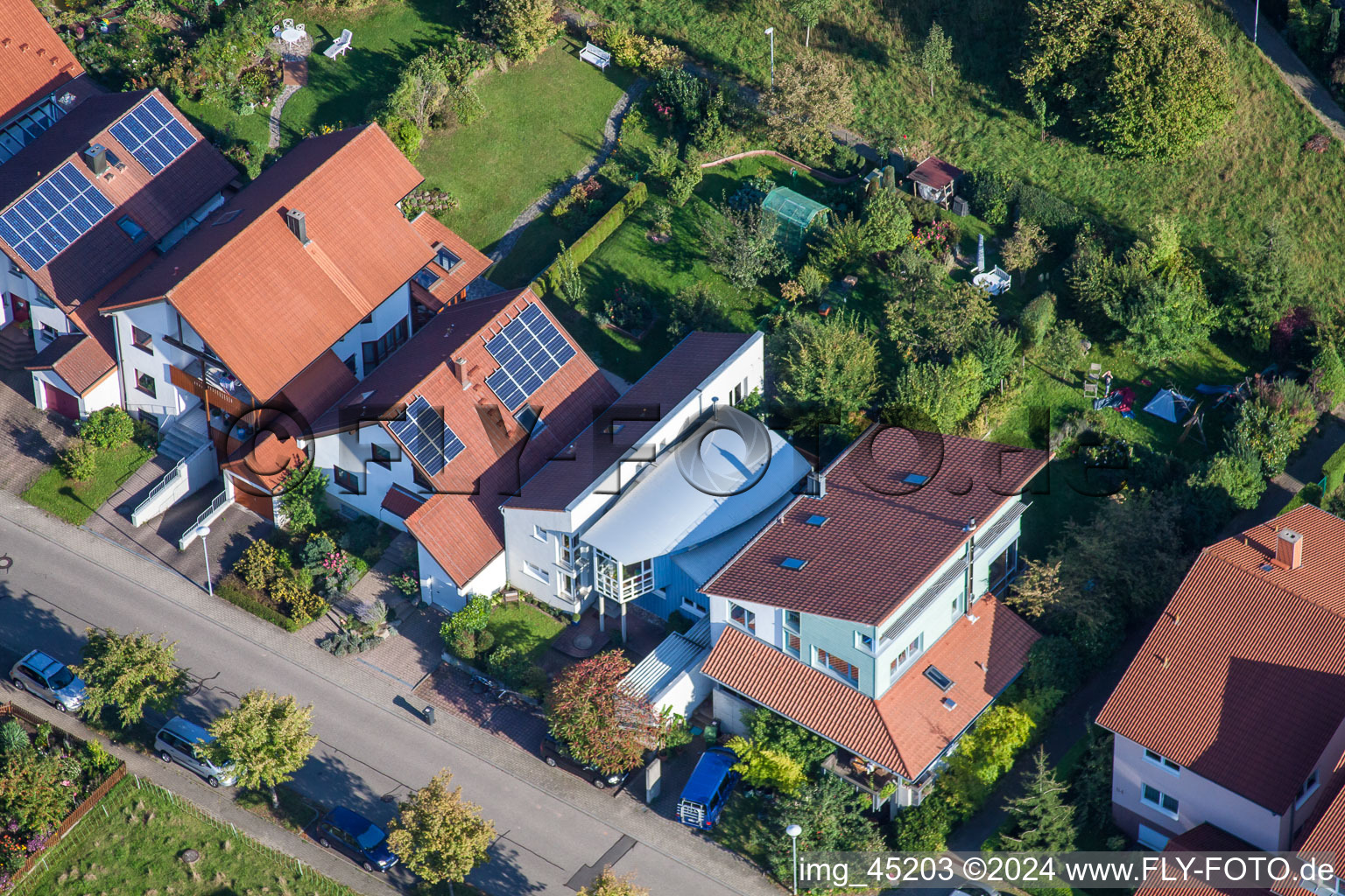 Drone recording of Mozartstr in the district Langensteinbach in Karlsbad in the state Baden-Wuerttemberg, Germany