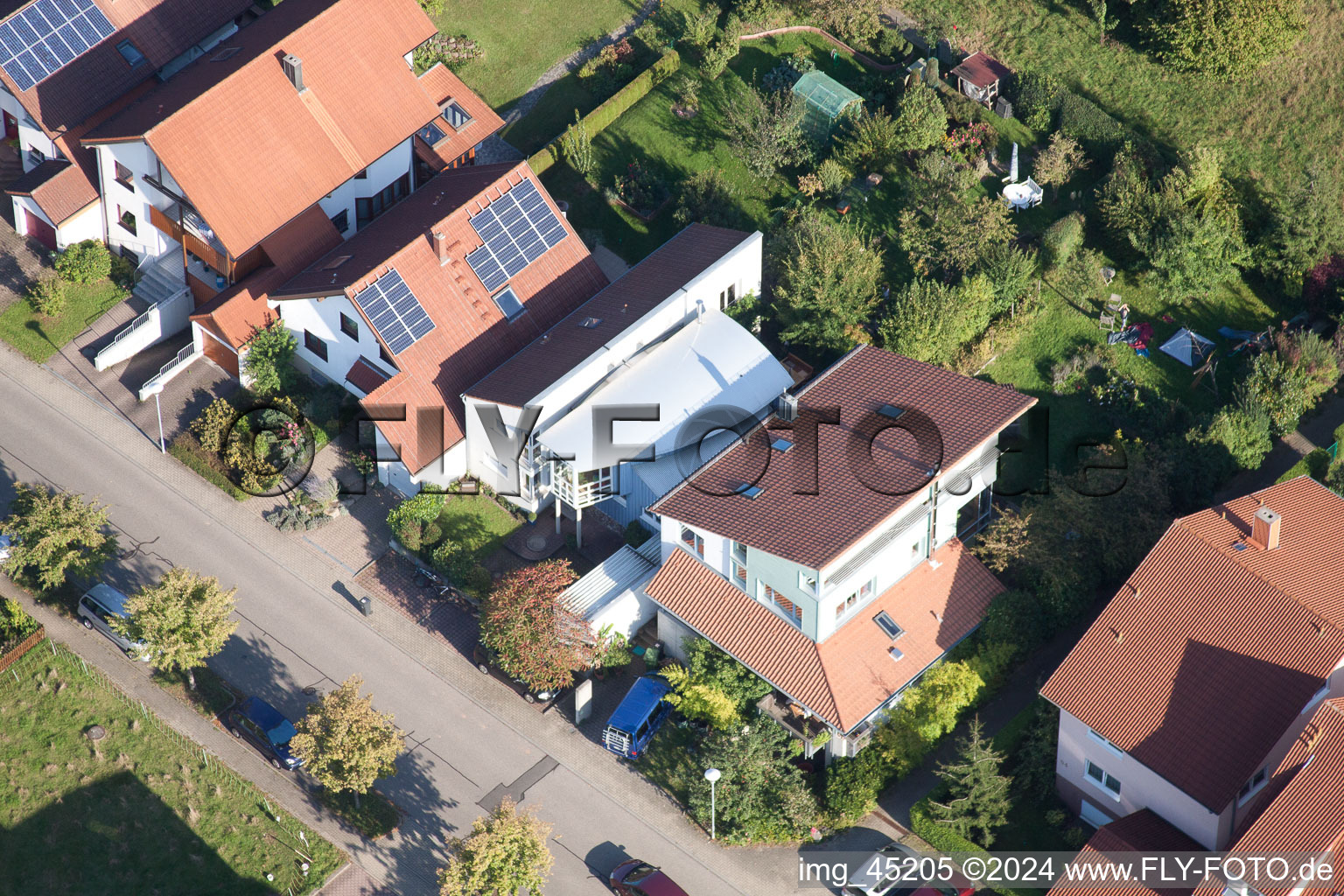 Mozartstr in the district Langensteinbach in Karlsbad in the state Baden-Wuerttemberg, Germany from a drone