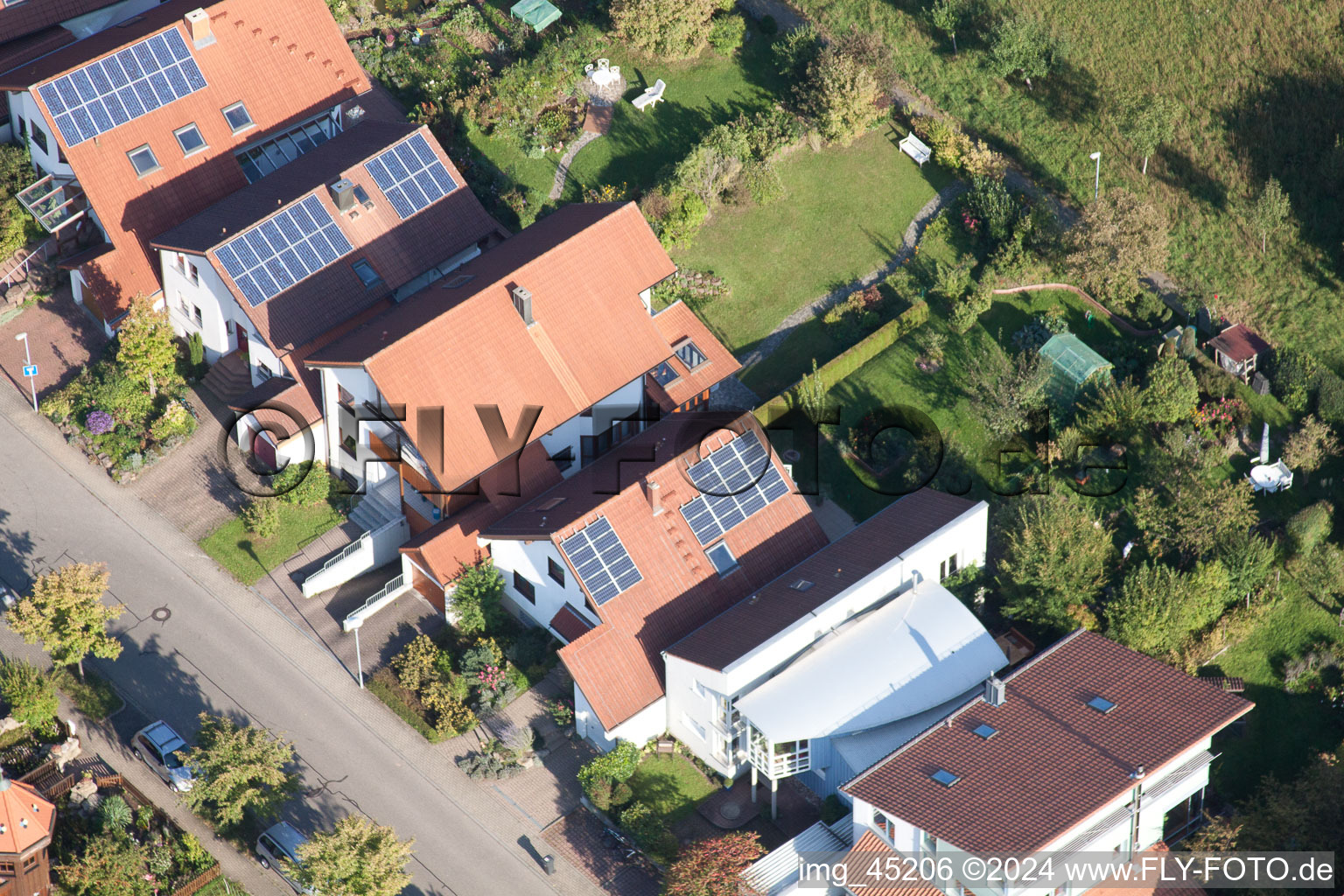 Mozartstr in the district Langensteinbach in Karlsbad in the state Baden-Wuerttemberg, Germany seen from a drone