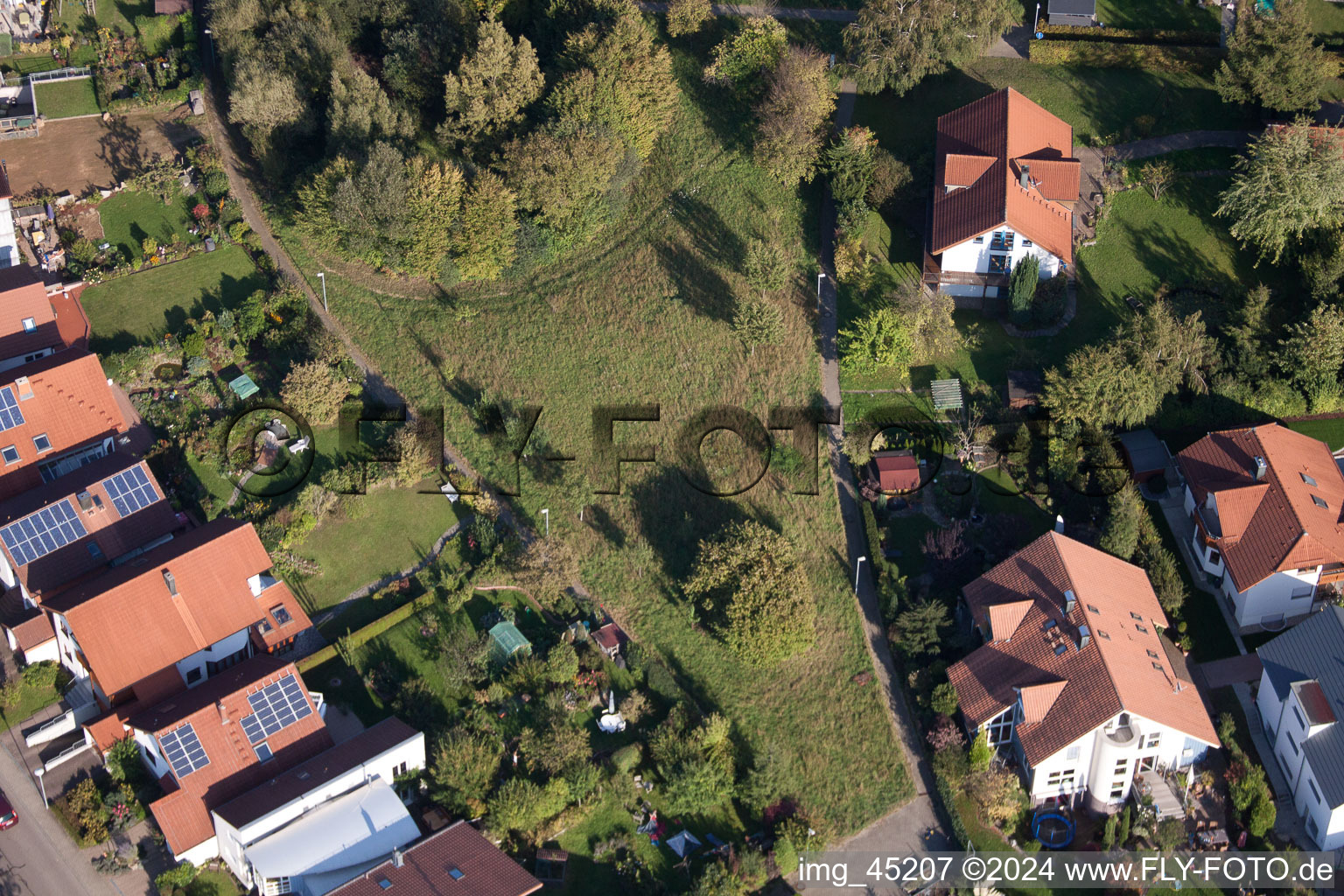 Aerial view of Mozartstr in the district Langensteinbach in Karlsbad in the state Baden-Wuerttemberg, Germany