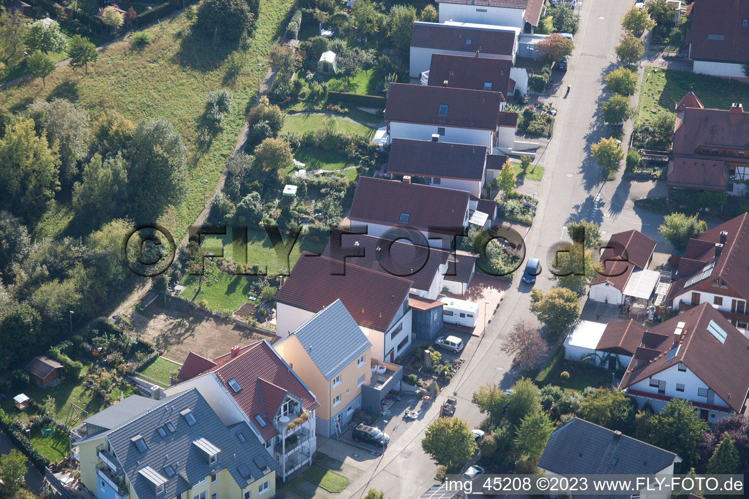 Aerial photograpy of Mozartstr in the district Langensteinbach in Karlsbad in the state Baden-Wuerttemberg, Germany