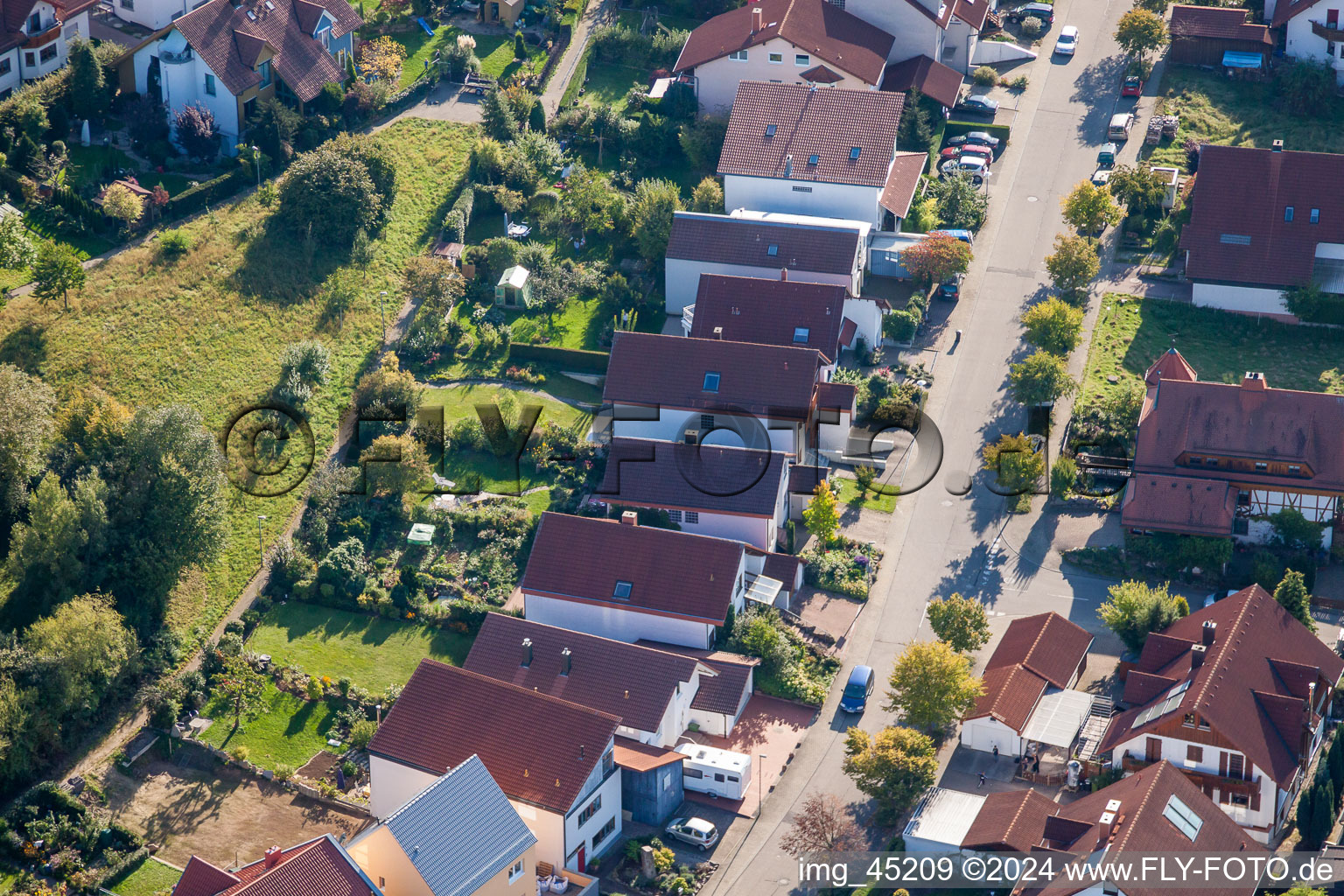 Drone image of Mozartstr in the district Langensteinbach in Karlsbad in the state Baden-Wuerttemberg, Germany