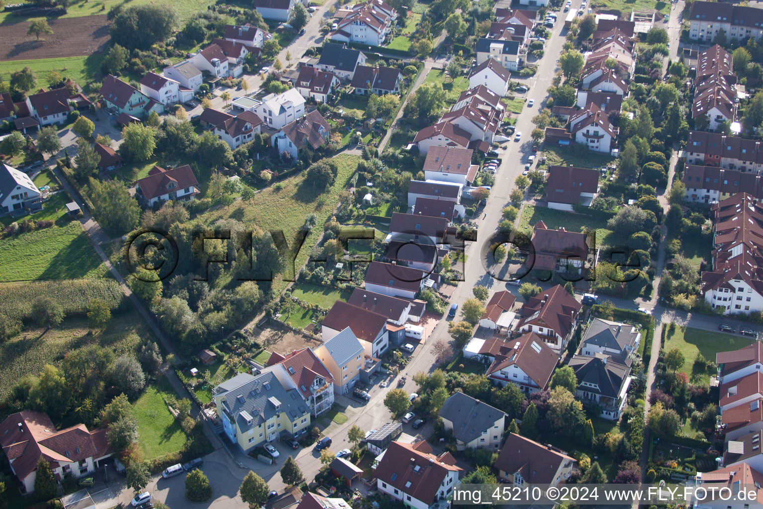 Oblique view of Mozartstr in the district Langensteinbach in Karlsbad in the state Baden-Wuerttemberg, Germany