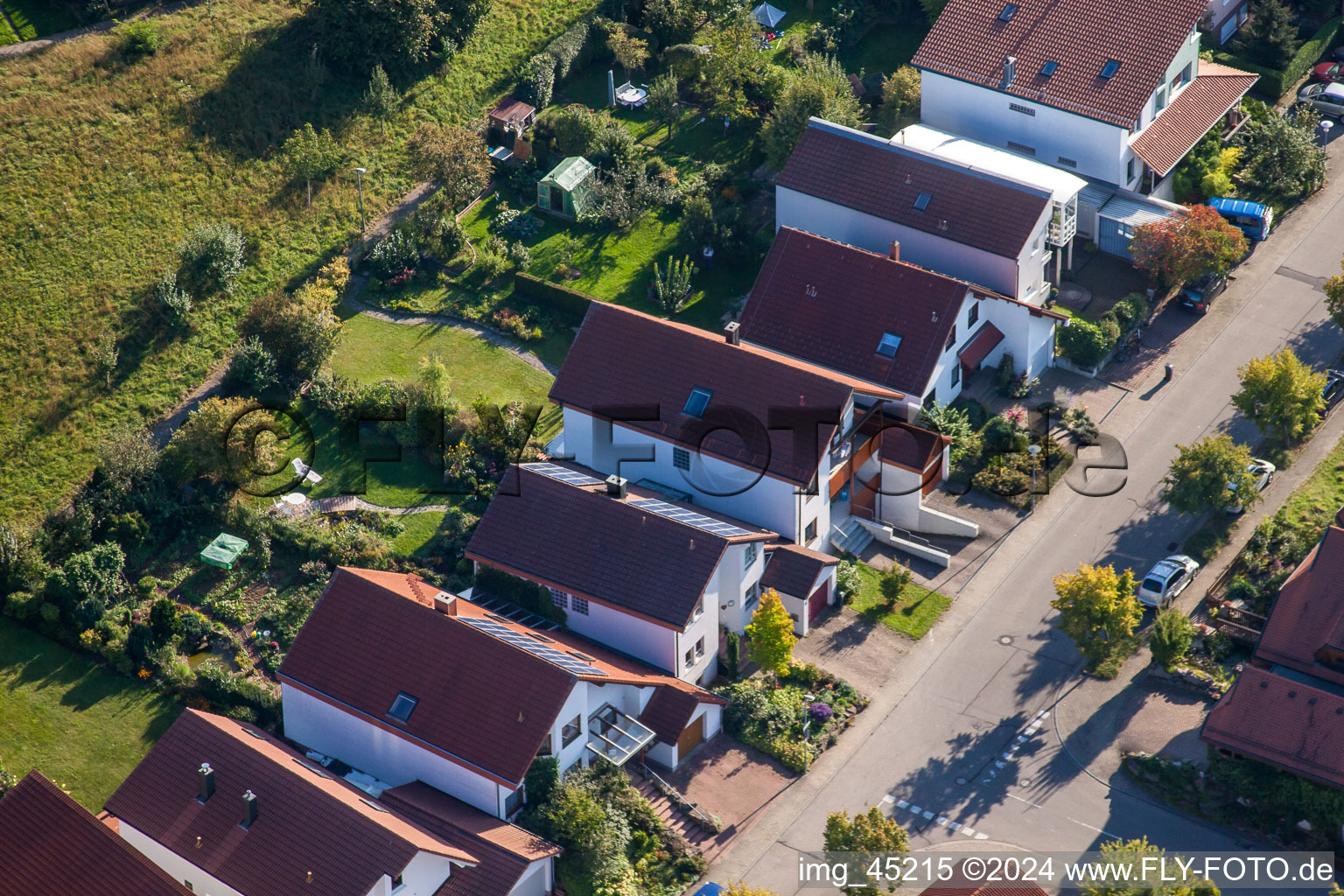 Mozartstr in the district Langensteinbach in Karlsbad in the state Baden-Wuerttemberg, Germany from the drone perspective