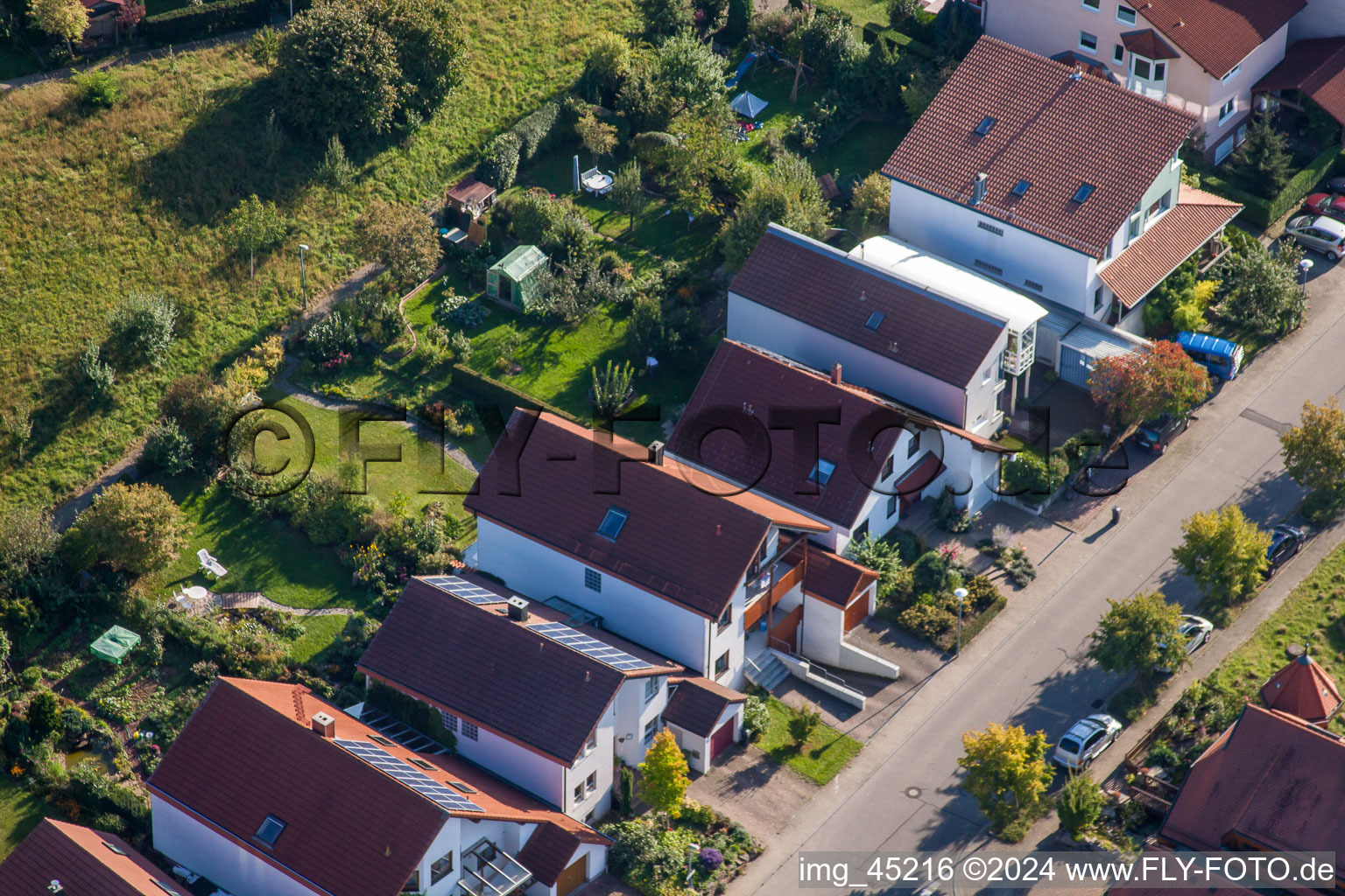 Mozartstr in the district Langensteinbach in Karlsbad in the state Baden-Wuerttemberg, Germany from a drone