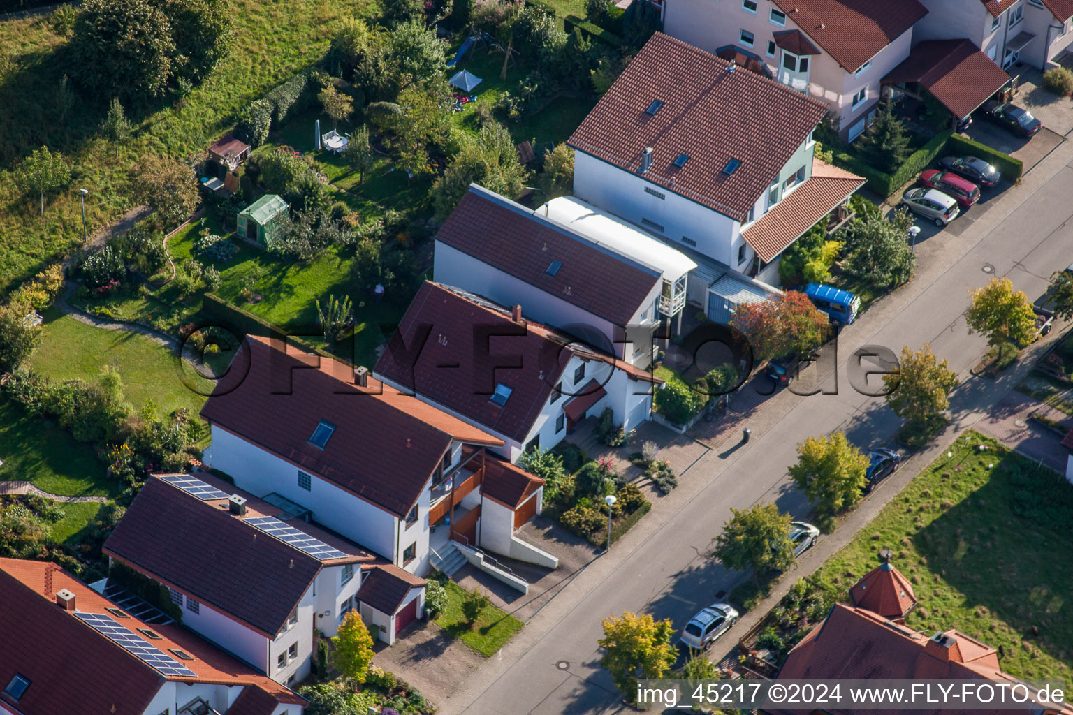 Mozartstr in the district Langensteinbach in Karlsbad in the state Baden-Wuerttemberg, Germany seen from a drone