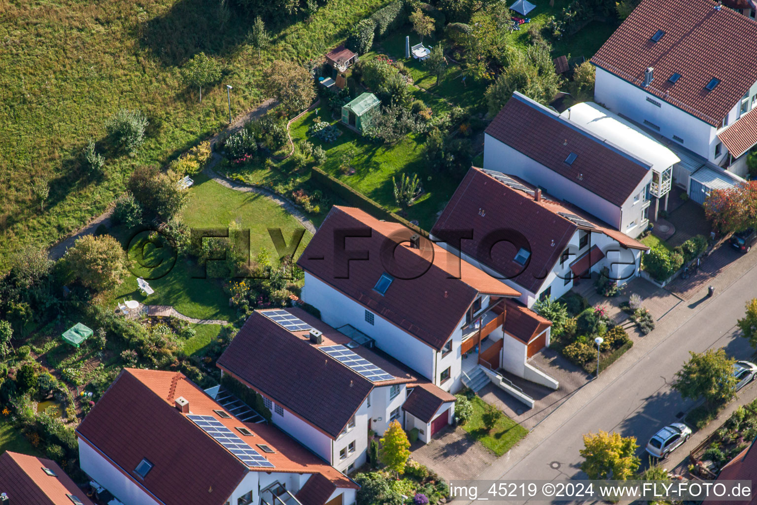 Aerial view of Mozartstr in the district Langensteinbach in Karlsbad in the state Baden-Wuerttemberg, Germany