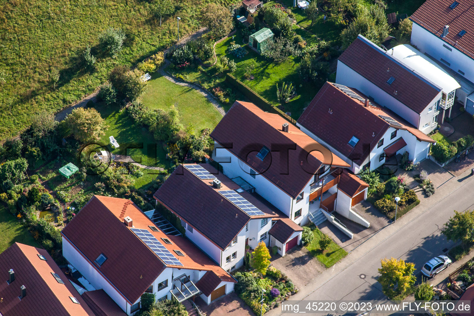 Aerial photograpy of Mozartstr in the district Langensteinbach in Karlsbad in the state Baden-Wuerttemberg, Germany