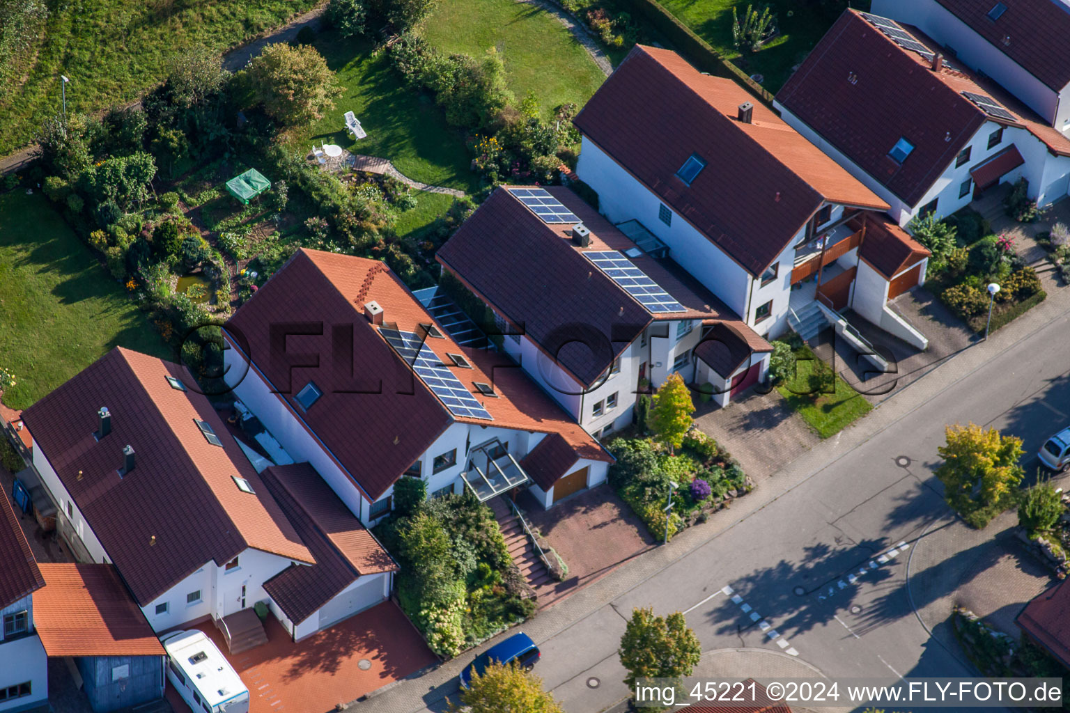 Oblique view of Mozartstr in the district Langensteinbach in Karlsbad in the state Baden-Wuerttemberg, Germany