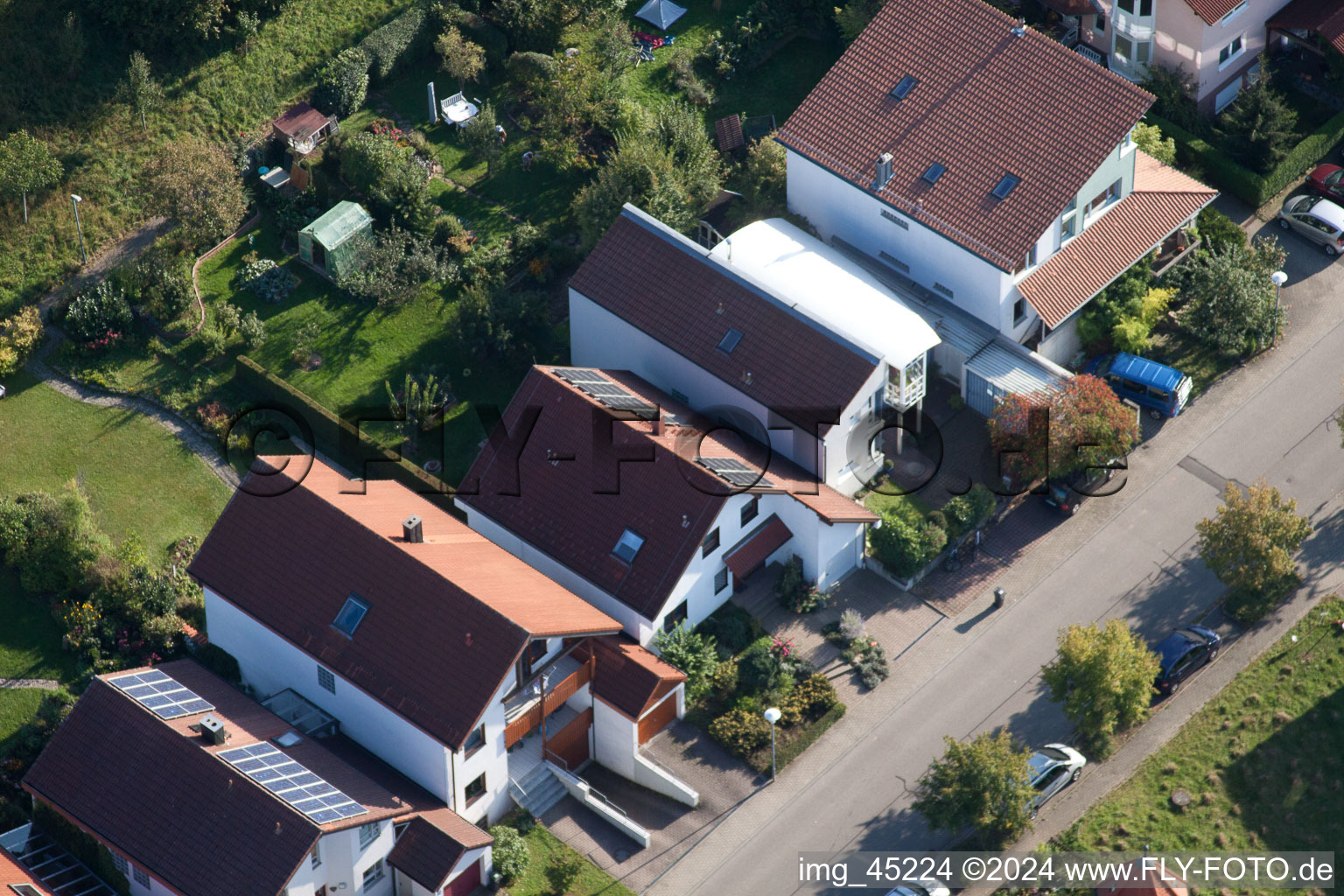 Mozartstr in the district Langensteinbach in Karlsbad in the state Baden-Wuerttemberg, Germany seen from above