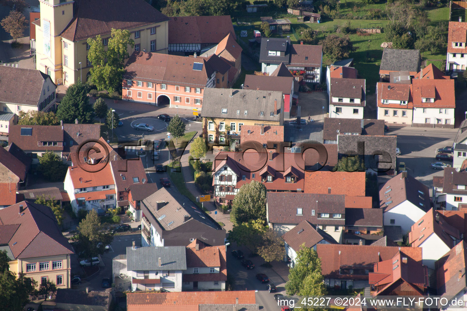 Aerial photograpy of Main Street in the district Langensteinbach in Karlsbad in the state Baden-Wuerttemberg, Germany