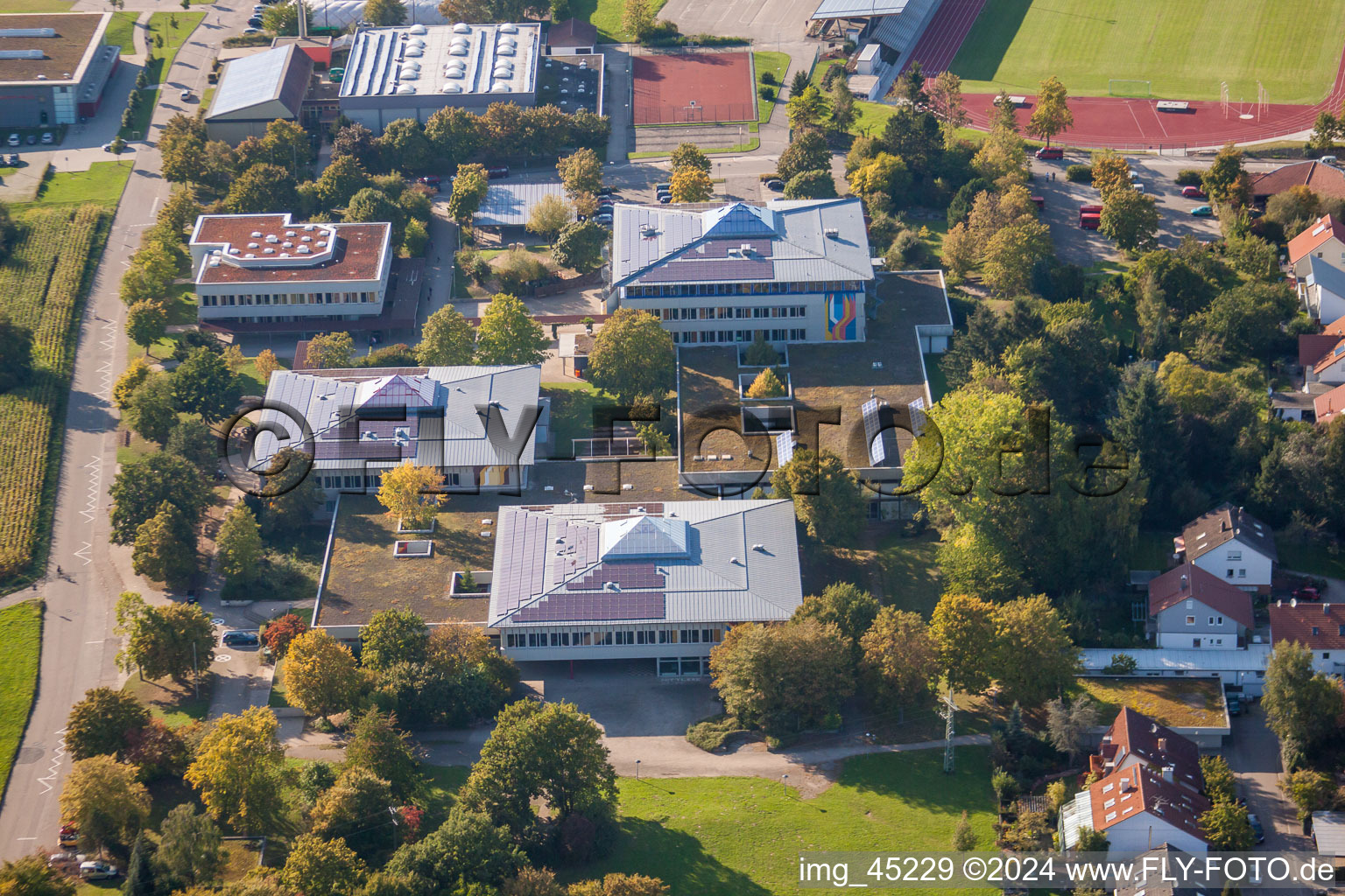 Aerial view of Ensemble of sports grounds of TC Langensteinbach and of Gymnasium Karlsbad in the district Langensteinbach in Karlsbad in the state Baden-Wurttemberg, Germany