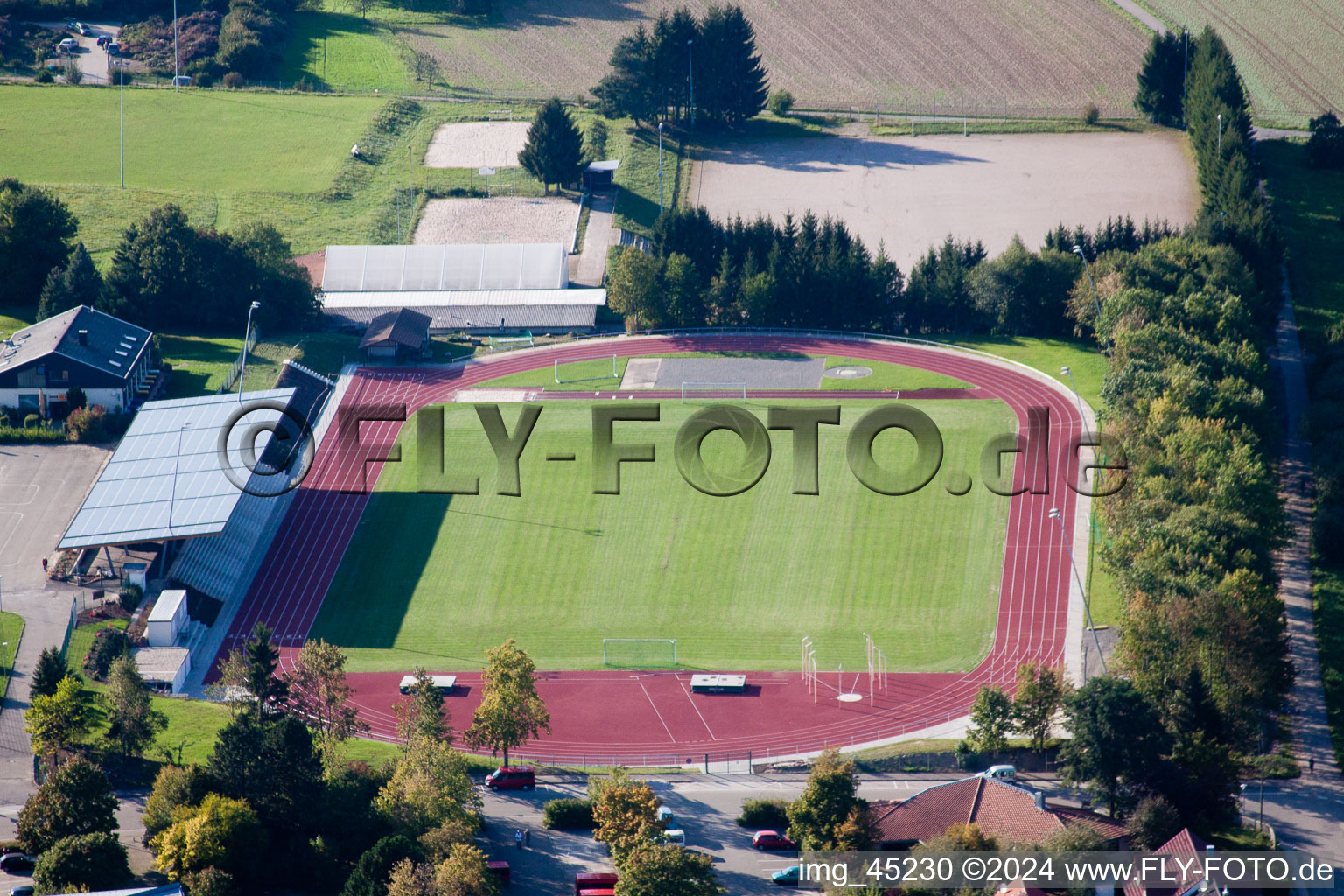 Oblique view of Ensemble of sports grounds of the schools in Karlsbad in the state Baden-Wurttemberg