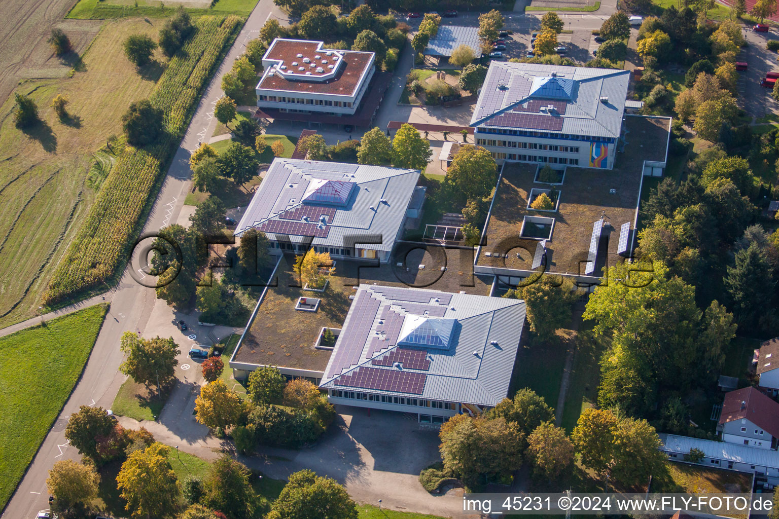 Aerial photograpy of Ensemble of sports grounds of TC Langensteinbach and of Gymnasium Karlsbad in the district Langensteinbach in Karlsbad in the state Baden-Wurttemberg, Germany