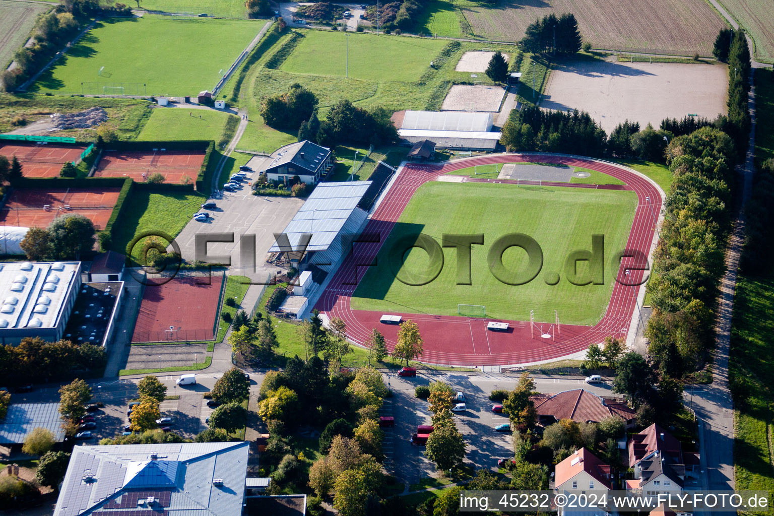 Ensemble of sports grounds of the schools in Karlsbad in the state Baden-Wurttemberg from above