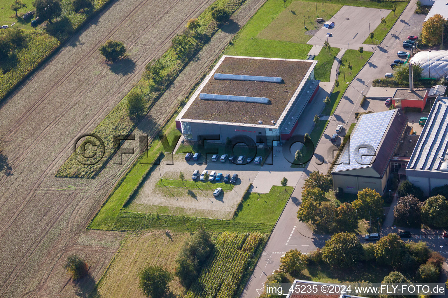 Oblique view of Ensemble of sports grounds of TC Langensteinbach and of Gymnasium Karlsbad in the district Langensteinbach in Karlsbad in the state Baden-Wurttemberg, Germany