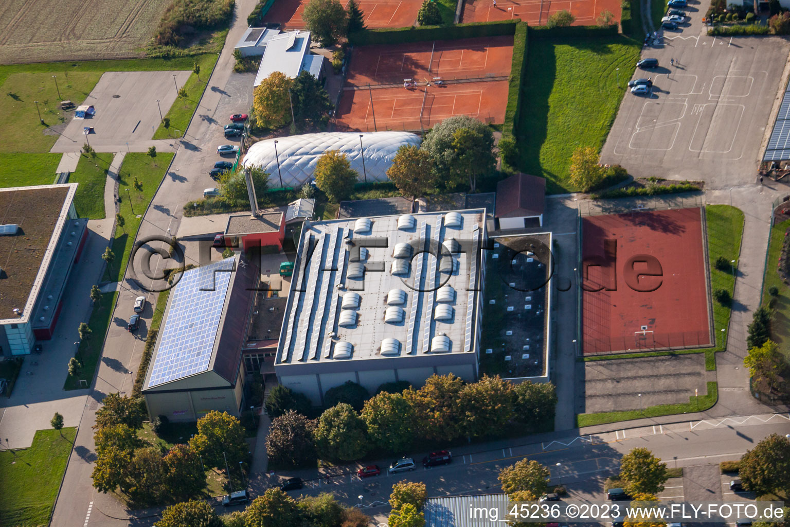 Ensemble of sports grounds of TC Langensteinbach and of Gymnasium Karlsbad in the district Langensteinbach in Karlsbad in the state Baden-Wurttemberg, Germany from above