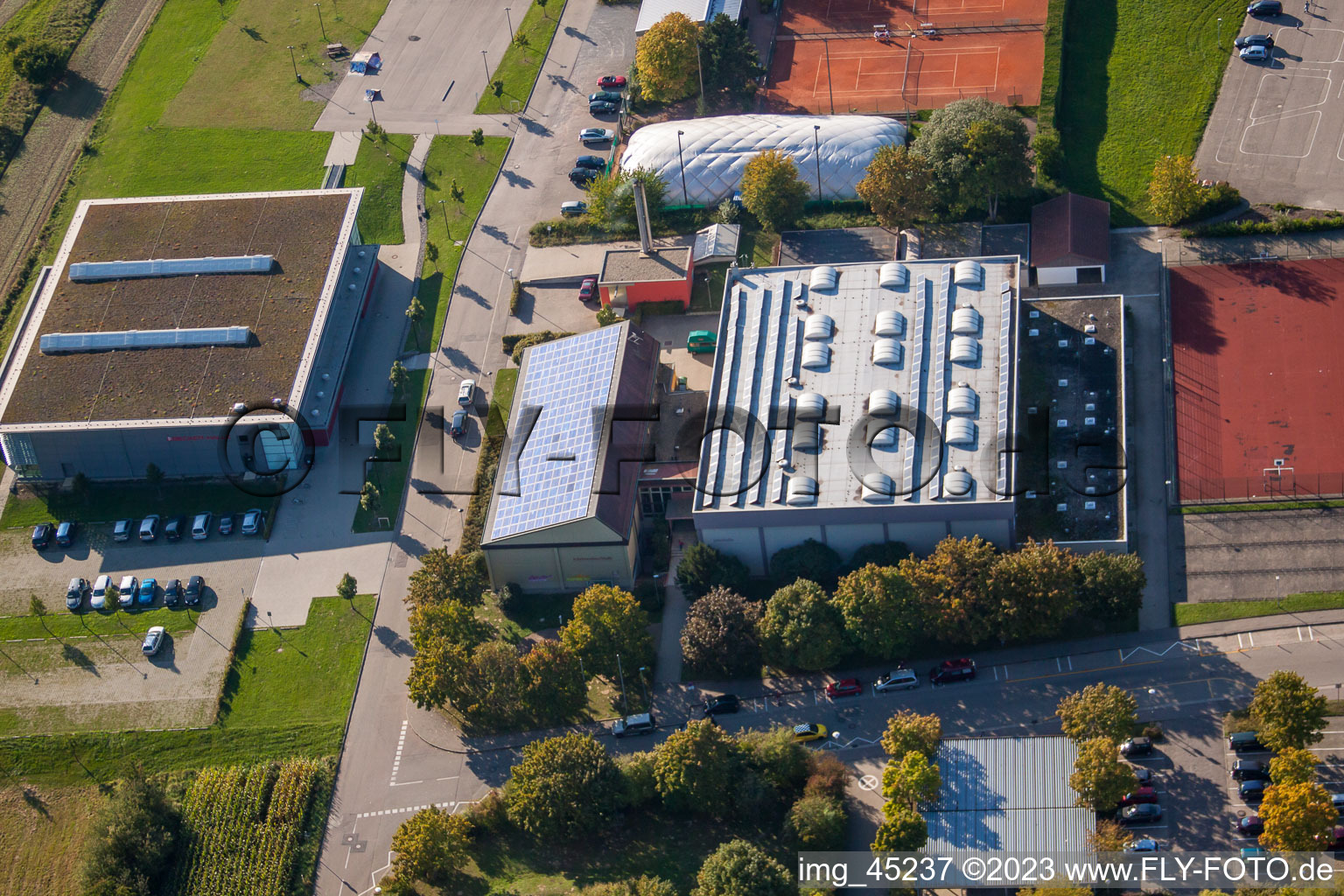 Ensemble of sports grounds of TC Langensteinbach and of Gymnasium Karlsbad in the district Langensteinbach in Karlsbad in the state Baden-Wurttemberg, Germany out of the air