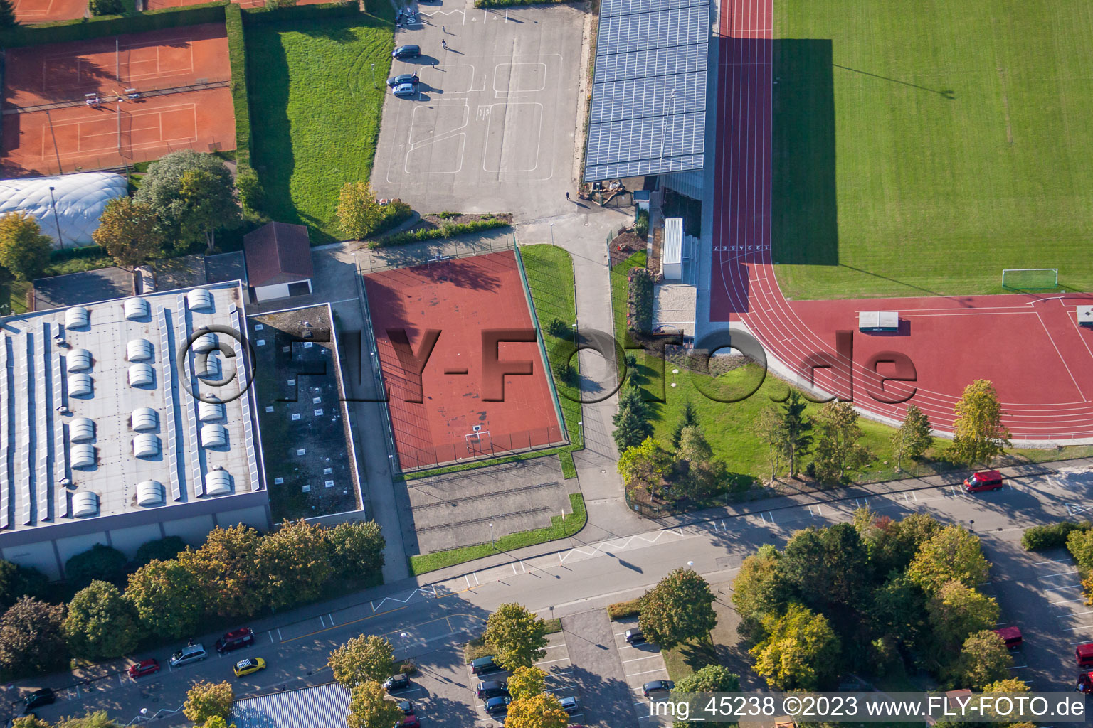 Sports grounds of SV-1899 eV Langensteinbach in the district Langensteinbach in Karlsbad in the state Baden-Wuerttemberg, Germany from a drone