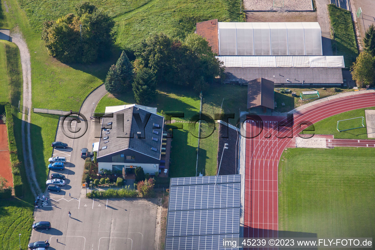 Sports grounds of SV-1899 eV Langensteinbach in the district Langensteinbach in Karlsbad in the state Baden-Wuerttemberg, Germany seen from a drone