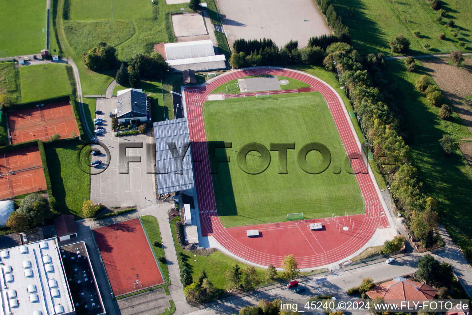Aerial photograpy of SV-Langensteinbach sports grounds in the district Langensteinbach in Karlsbad in the state Baden-Wuerttemberg, Germany
