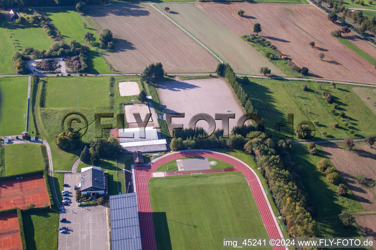 Aerial view of Sports grounds of SV-1899 eV Langensteinbach in the district Langensteinbach in Karlsbad in the state Baden-Wuerttemberg, Germany