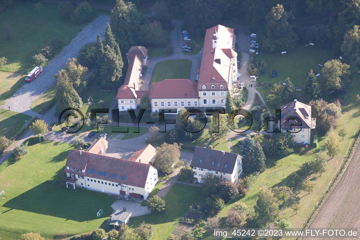 Aerial view of Bible Home in the district Langensteinbach in Karlsbad in the state Baden-Wuerttemberg, Germany