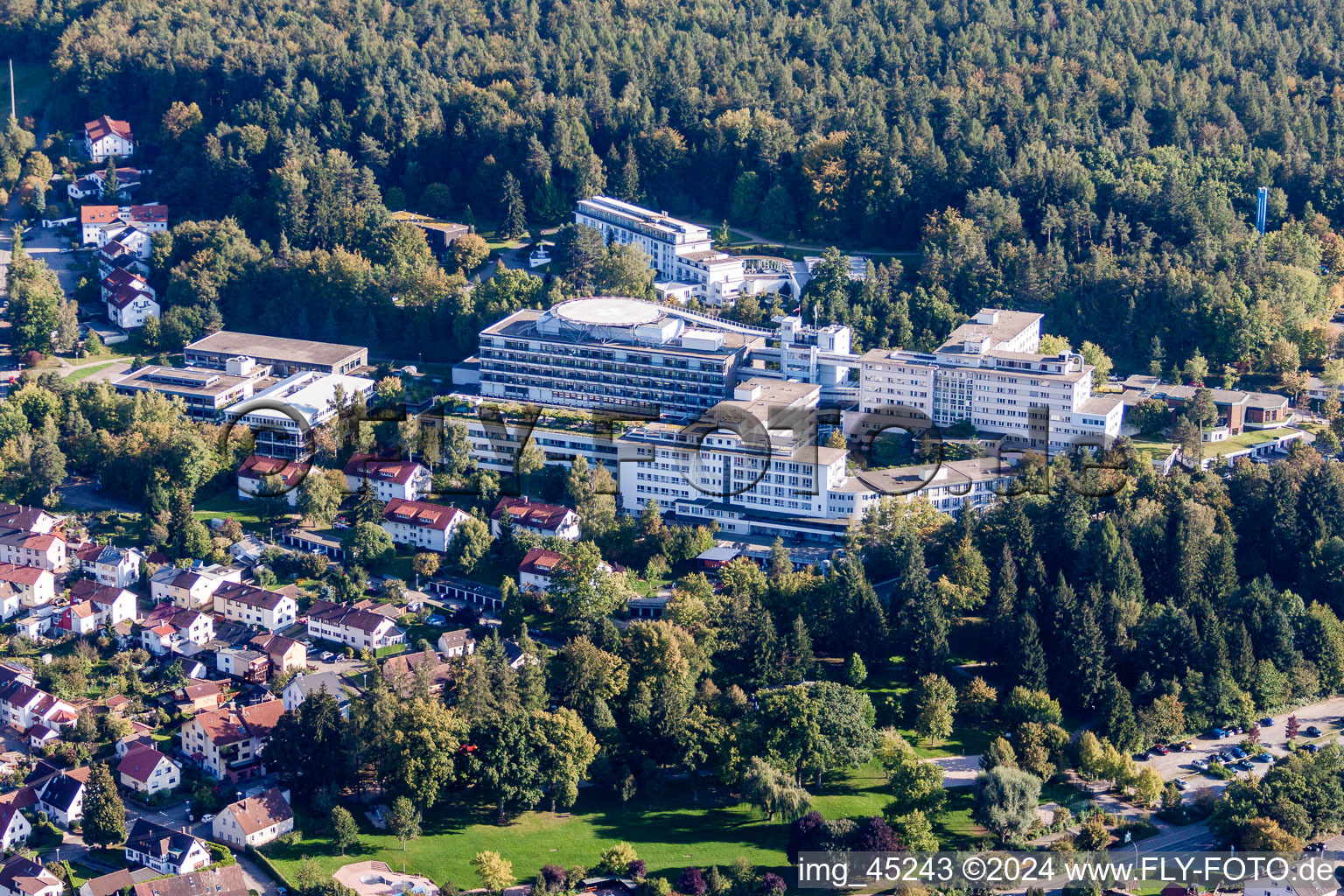 Aerial photograpy of Hospital grounds of the Clinic SRH Klinikum Karlsbad-Langensteinbach GmbH in the district Langensteinbach in Karlsbad in the state Baden-Wurttemberg, Germany