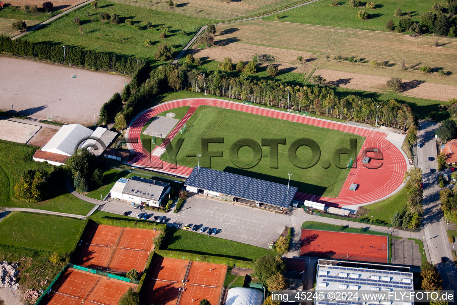 Ensemble of sports grounds of the schools in Karlsbad in the state Baden-Wurttemberg out of the air