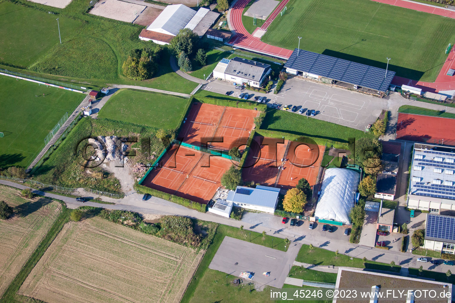 Aerial photograpy of Sports grounds of SV-1899 eV Langensteinbach in the district Langensteinbach in Karlsbad in the state Baden-Wuerttemberg, Germany