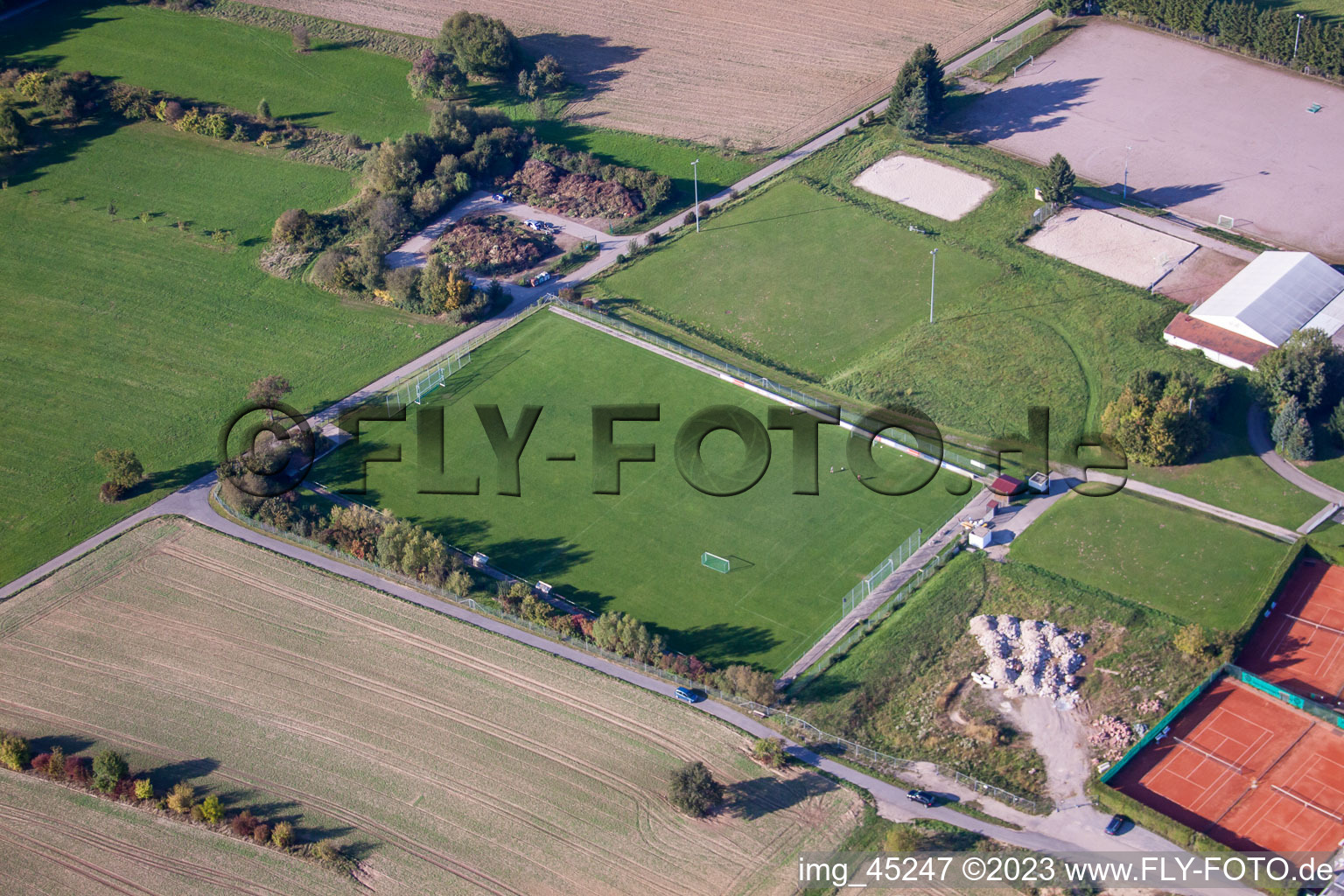 Oblique view of Sports grounds of SV-1899 eV Langensteinbach in the district Langensteinbach in Karlsbad in the state Baden-Wuerttemberg, Germany