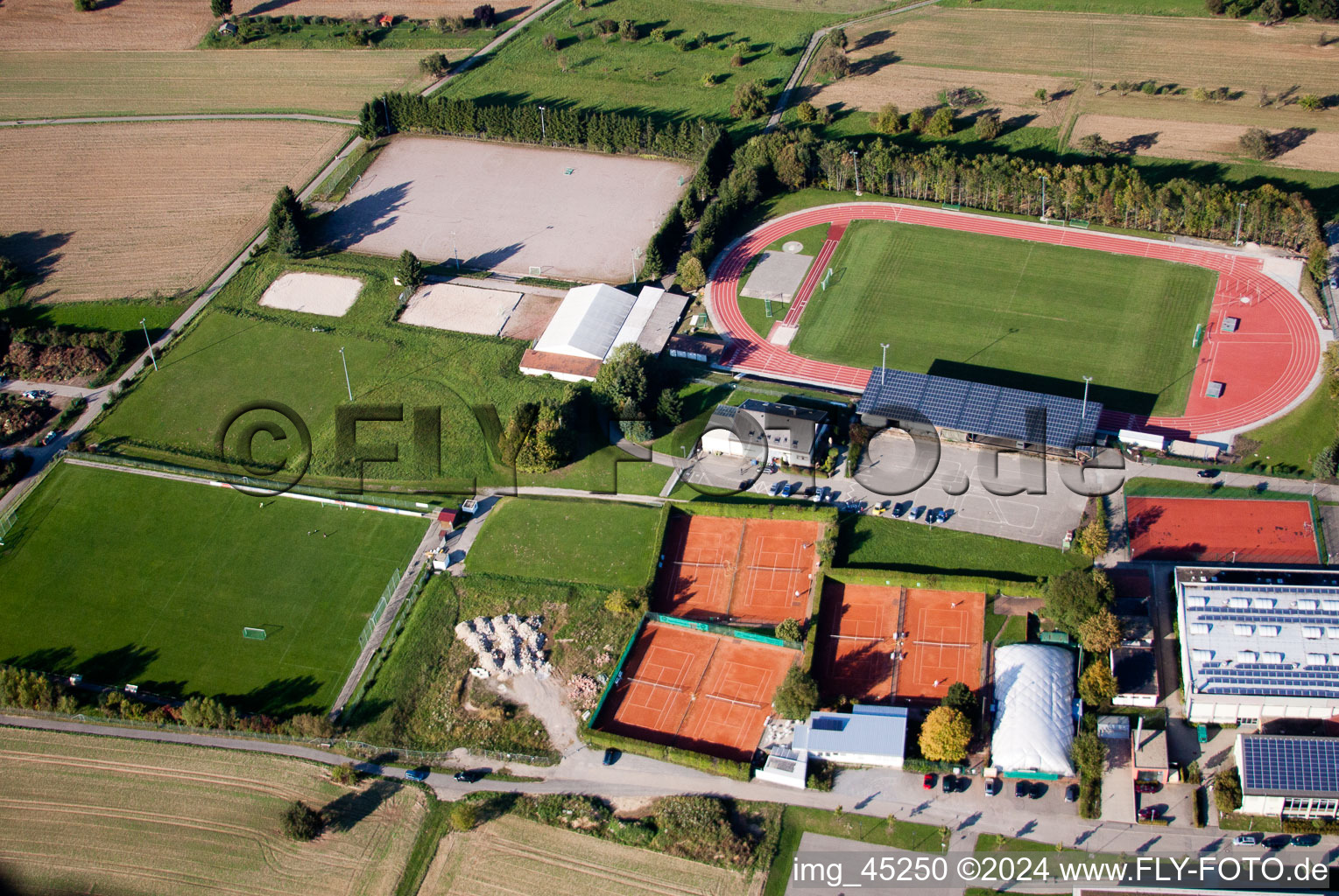 Ensemble of sports grounds of the schools in Karlsbad in the state Baden-Wurttemberg seen from above