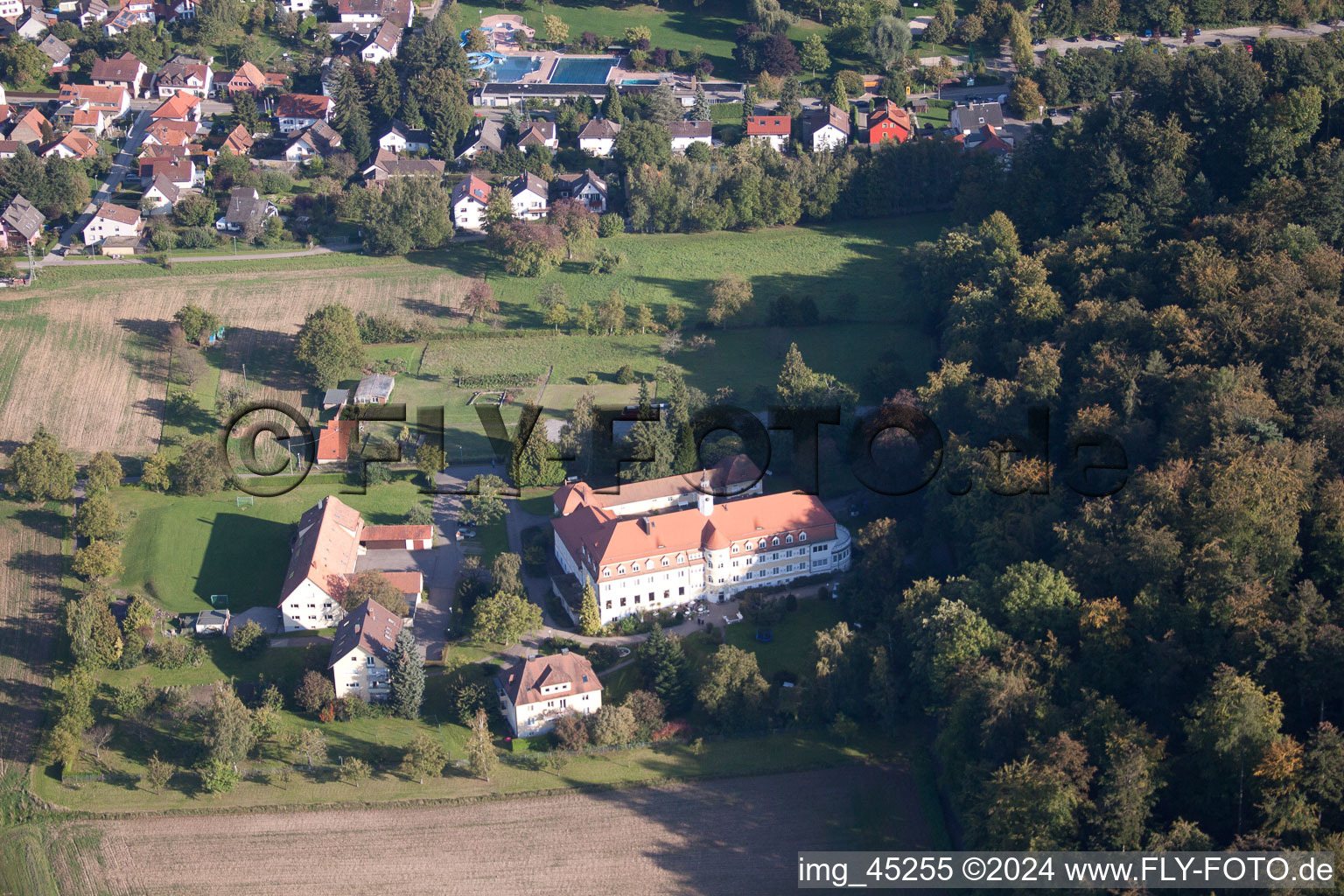 Oblique view of Bible Home in the district Langensteinbach in Karlsbad in the state Baden-Wuerttemberg, Germany