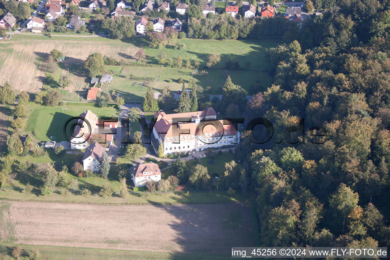 Bible Home in the district Langensteinbach in Karlsbad in the state Baden-Wuerttemberg, Germany from above