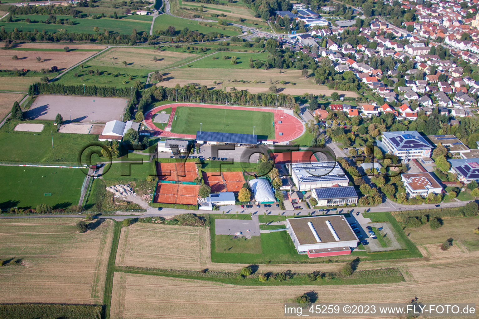 Sports grounds of SV-1899 eV Langensteinbach in the district Langensteinbach in Karlsbad in the state Baden-Wuerttemberg, Germany from above
