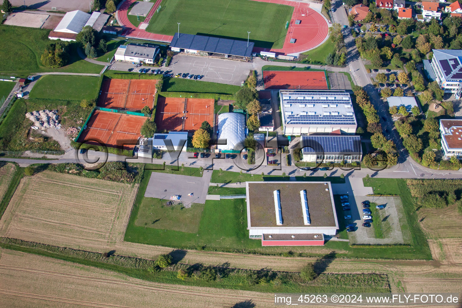 Sports grounds of SV-1899 eV Langensteinbach in the district Langensteinbach in Karlsbad in the state Baden-Wuerttemberg, Germany out of the air