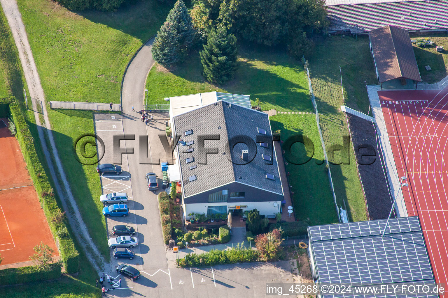 Sports grounds of SV-1899 eV Langensteinbach in the district Langensteinbach in Karlsbad in the state Baden-Wuerttemberg, Germany seen from above