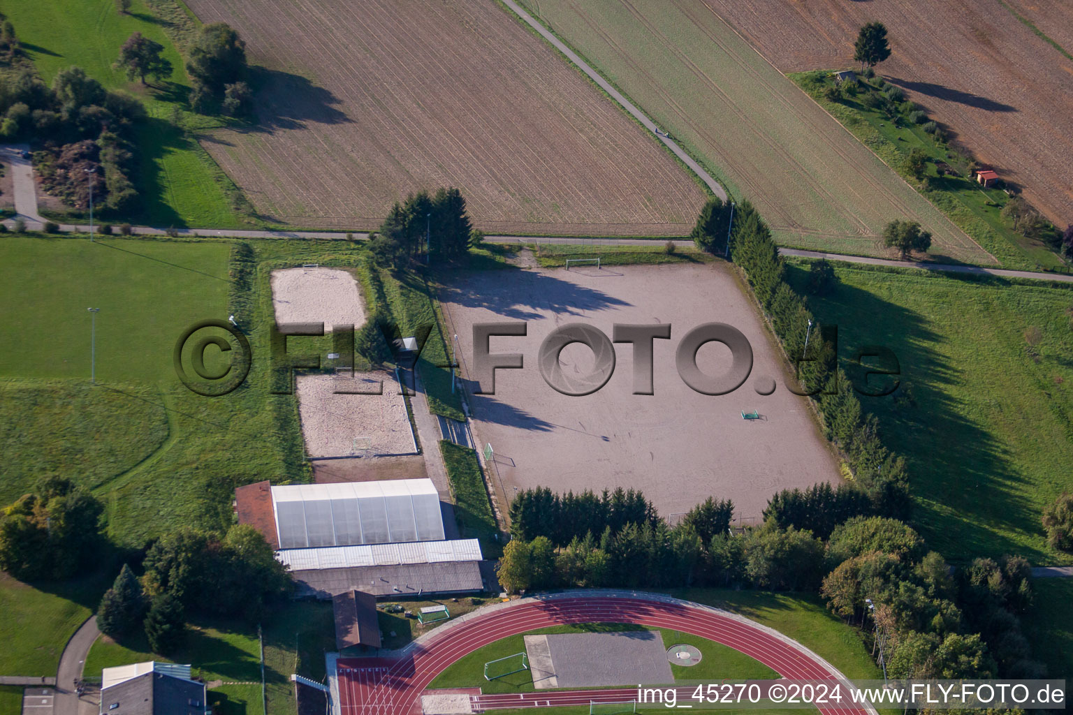 Sports grounds of SV-1899 eV Langensteinbach in the district Langensteinbach in Karlsbad in the state Baden-Wuerttemberg, Germany from the plane