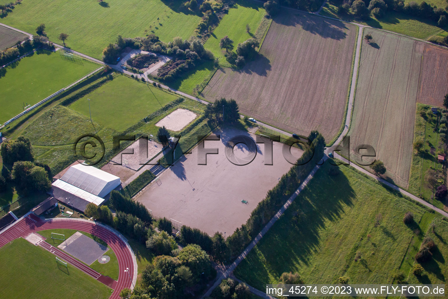 Sports grounds of SV-1899 eV Langensteinbach in the district Langensteinbach in Karlsbad in the state Baden-Wuerttemberg, Germany viewn from the air