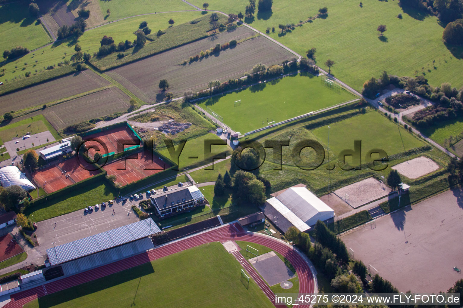 Drone recording of Sports grounds of SV-1899 eV Langensteinbach in the district Langensteinbach in Karlsbad in the state Baden-Wuerttemberg, Germany