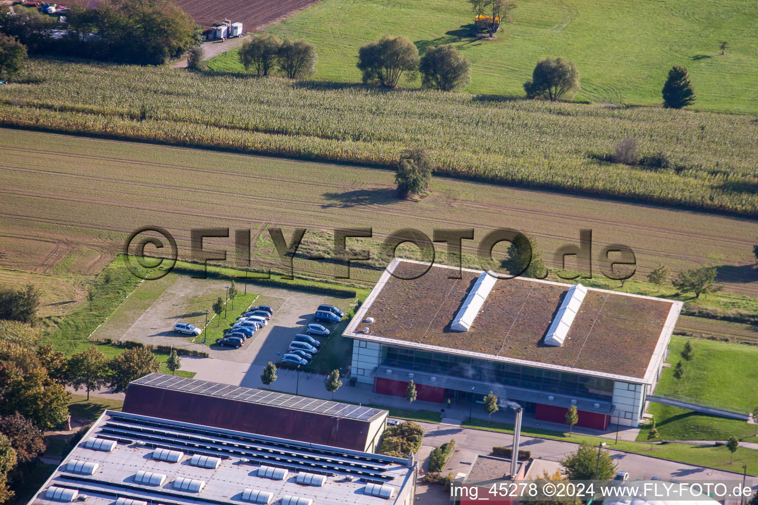 Sports grounds of SV-1899 eV Langensteinbach in the district Langensteinbach in Karlsbad in the state Baden-Wuerttemberg, Germany from the drone perspective