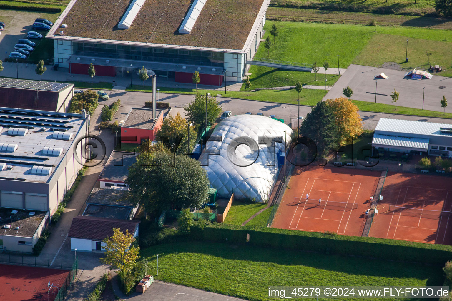 Sports grounds of SV-1899 eV Langensteinbach in the district Langensteinbach in Karlsbad in the state Baden-Wuerttemberg, Germany from a drone